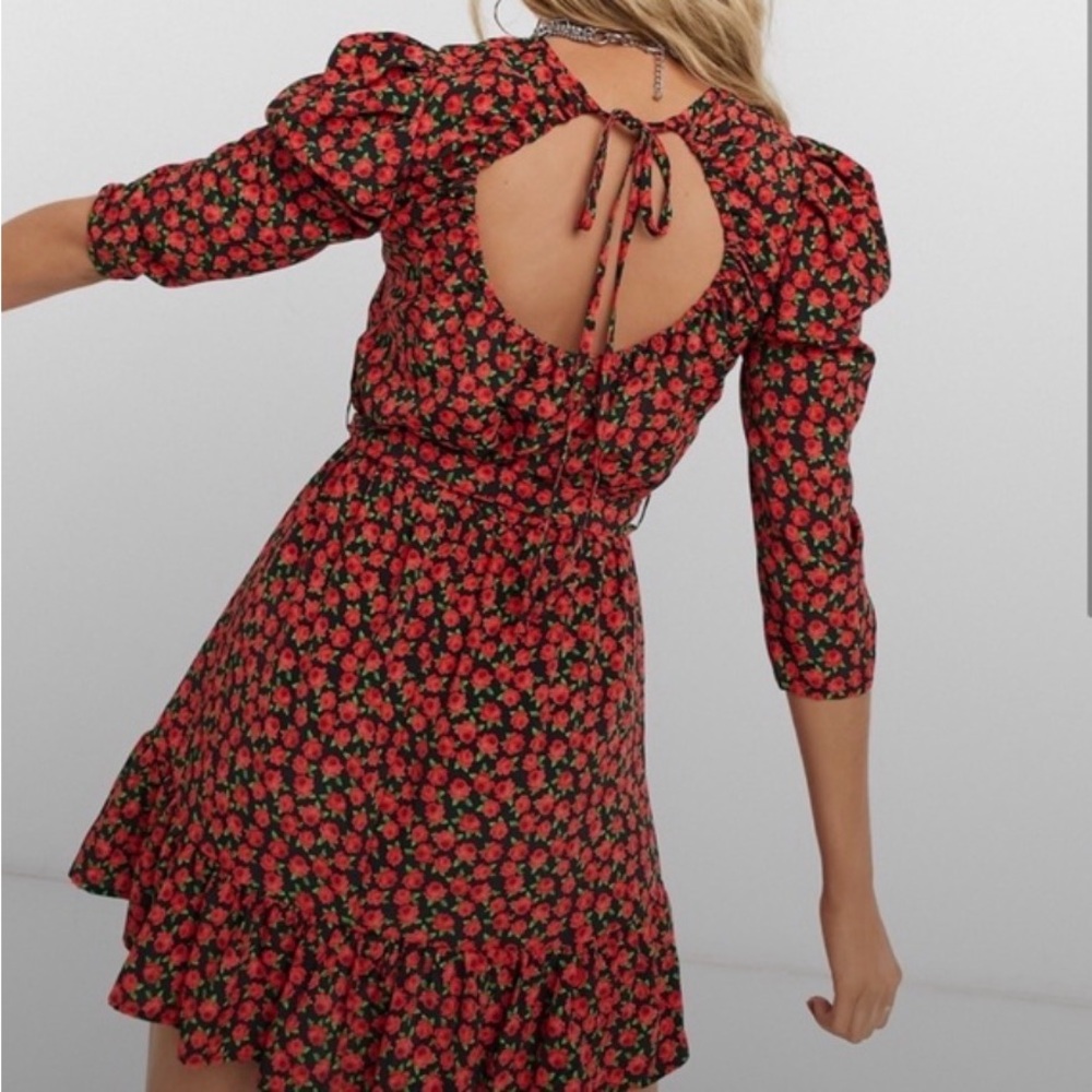 Topshop Red Roses Print Open-Back Mini Dress with Ruffle Valentines Boho Chic
